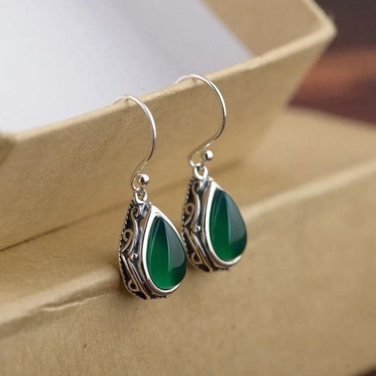 Boho Silver Earrings with Emerald